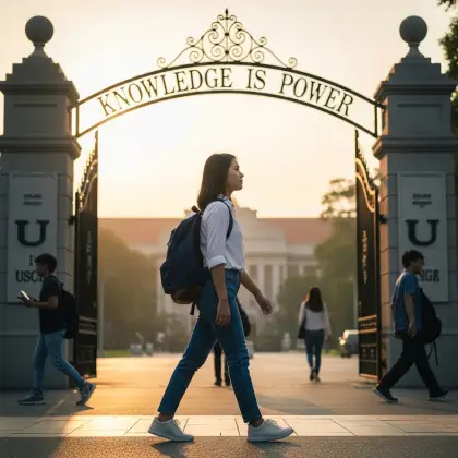 A woman stands confidently in front of a chalkboard filled with math formulas, symbolizing women's growing presence in higher education.